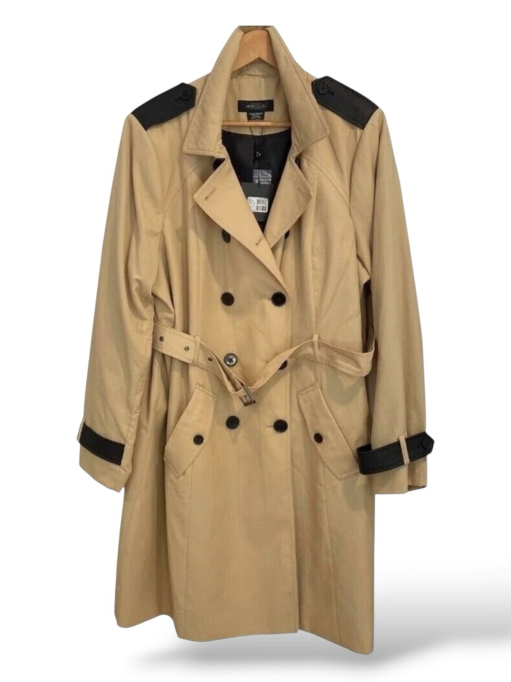 Michel Studio Collection Double-Breasted Trench Coat 2X Tan & Black Epaulettes